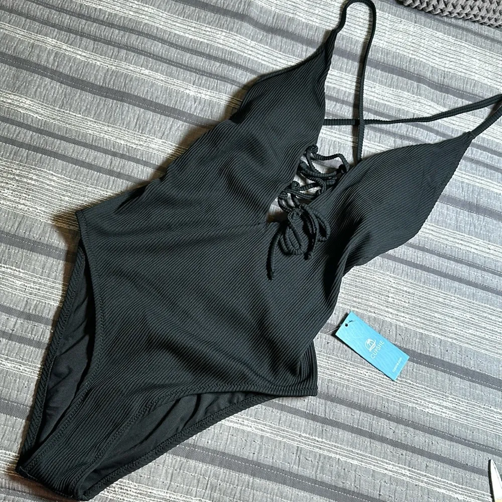 Sweetheart CUPSHE Black Ribbed Tie Front Cross Back Swimsuit Size MED NWT #1152 - Image 3