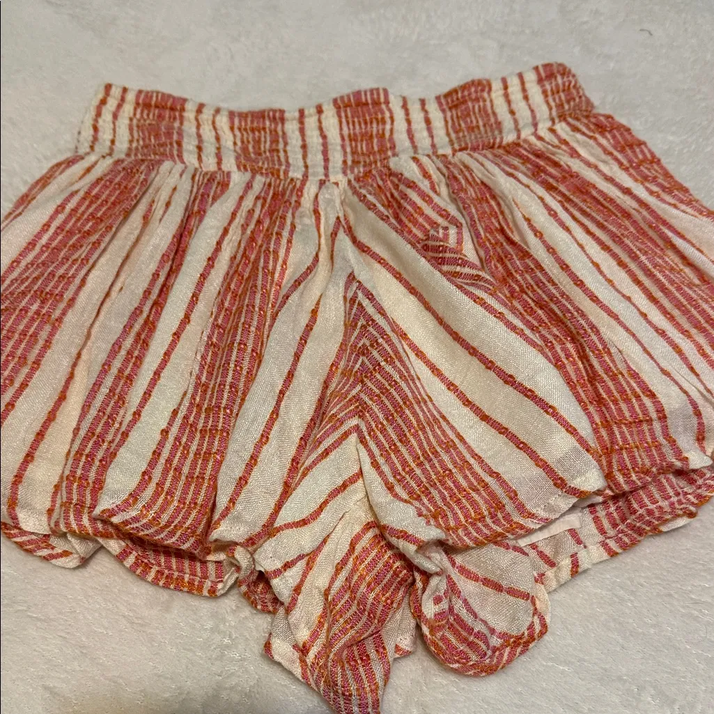 Free People She Will Be Loved Cream and Pink Striped Ruffle Shorts - Image 3