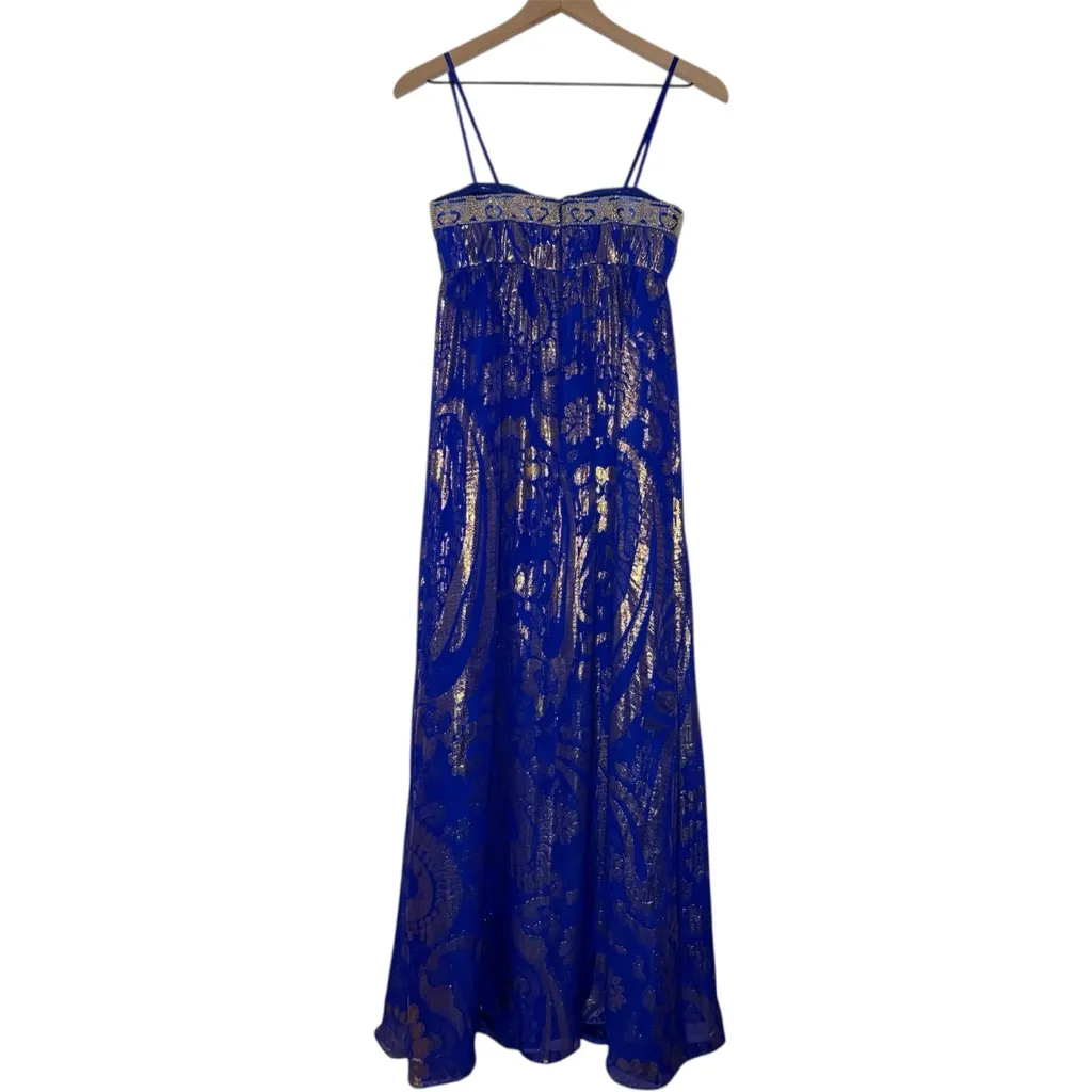 VTG Beaded Elegant Blue and‎ Metallic Gold Silk Gown Floor Length Dress Prom - Image 4