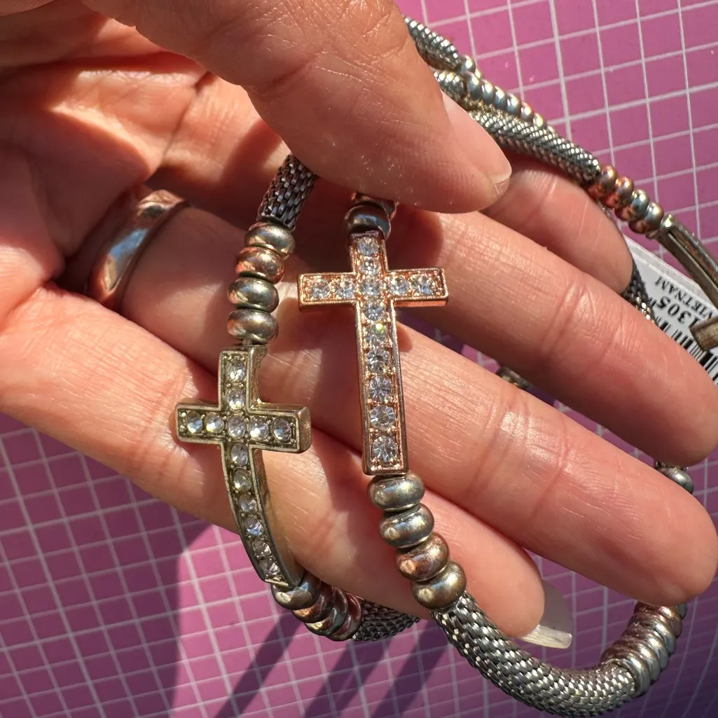 Vintage Nadri Matte diamond paved Elegant rose gold&silver 2 tone cross Bracelet Silver - Image 3