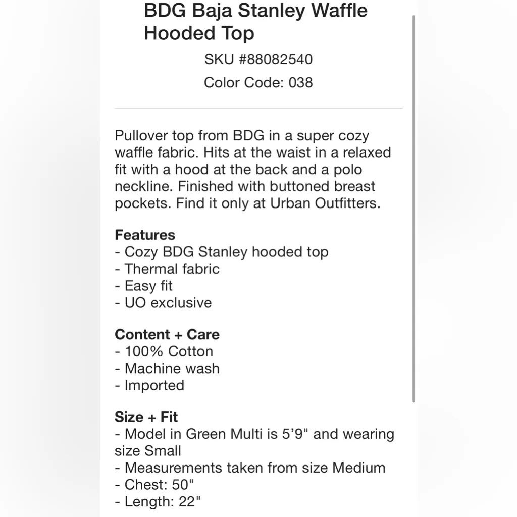 NWT BDG Urban Outfitters Baja Stanley Waffle Hooded Top In Green Multi - Image 5
