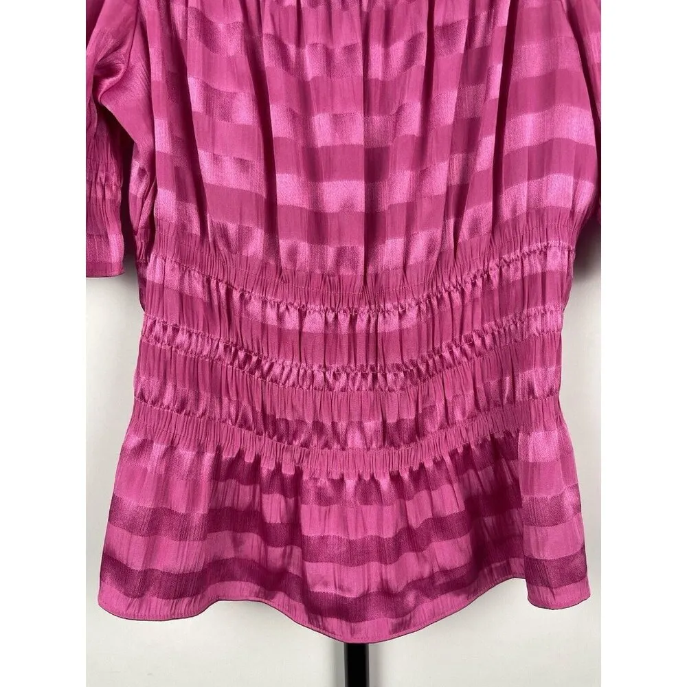 1.STATE Hot Pink Shadow Stripe Puff‎ Sleeve Shirred Waist Square Neck Top Sz M Size M - Image 5