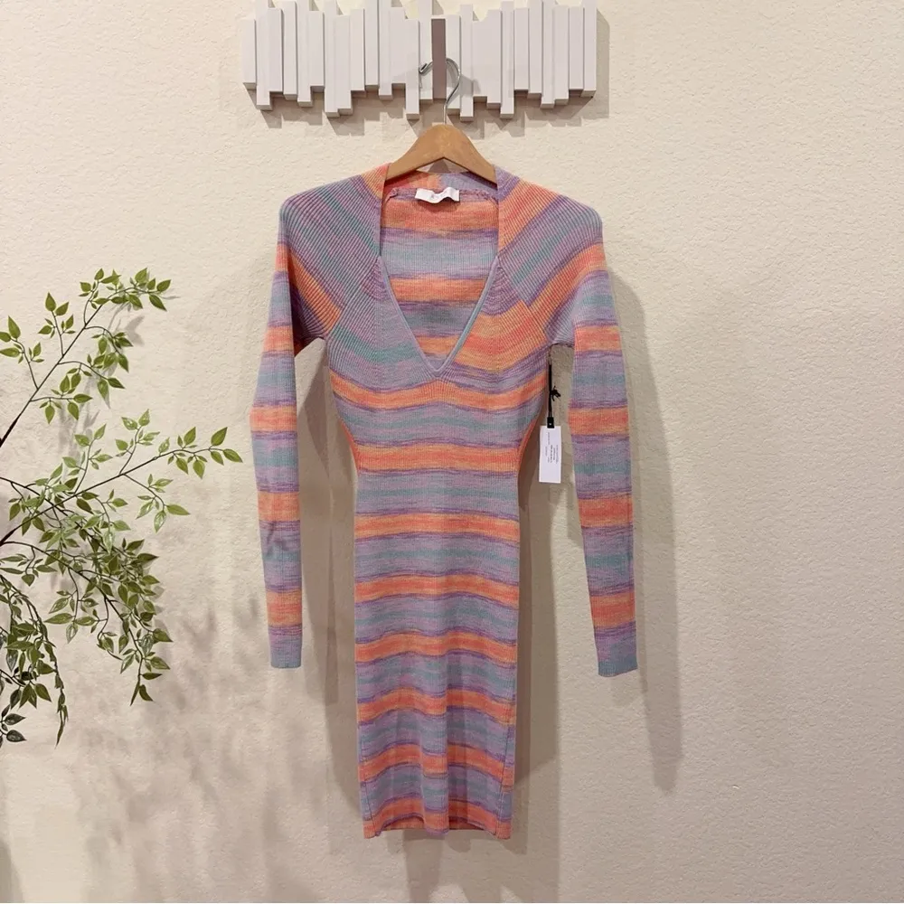 ASTR Lucine Ribbed Knit Bodycon Sweater Mini Dress in Pink Blue Multi Size S NWT - Image 2