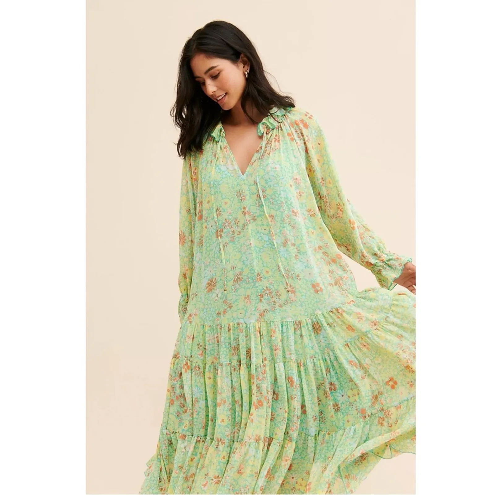 Free People Feeling Groovy Maxi Dress Size Large 70s Chartreuse Floral Bohemian - Image 12