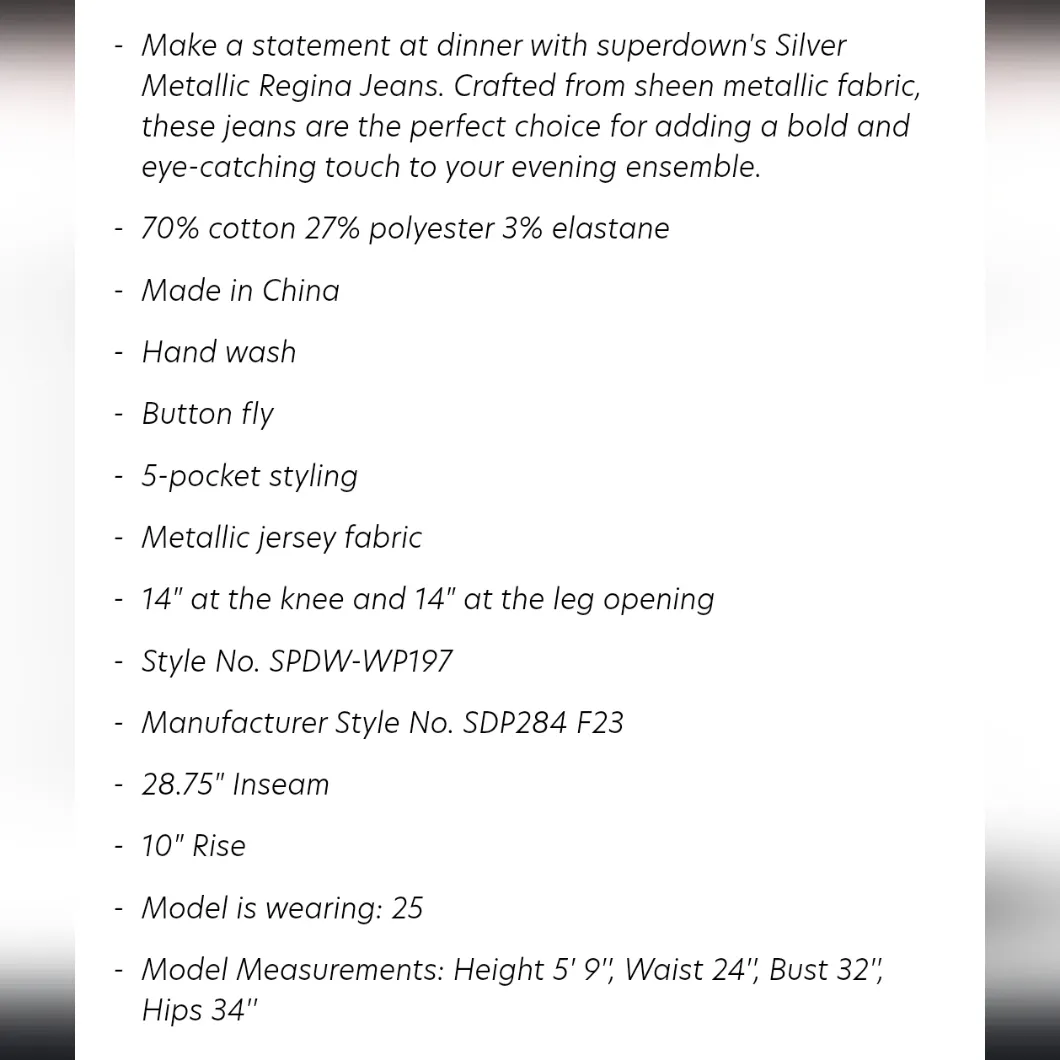 Revolve Superdown Regina Metallic Jean Silver Metallic Statement Bold Size 26 - Image 5