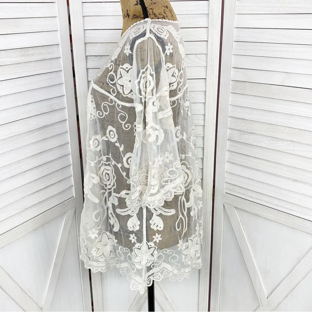 En Crème Boho Sheer Embroidery Lace Pullover Blouse Cream Medium - Image 2