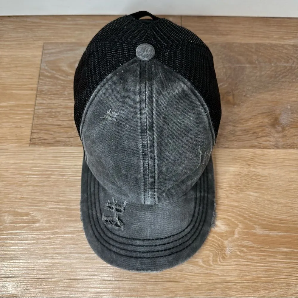 C.C Exclusives Gray Distressed Criss Cross Back Ponytail Hat - Image 2