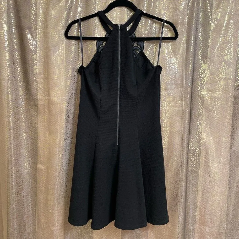 Material Girl Black Embroidered Lace Halter Neck Flared Mini Dress, Large - Image 2