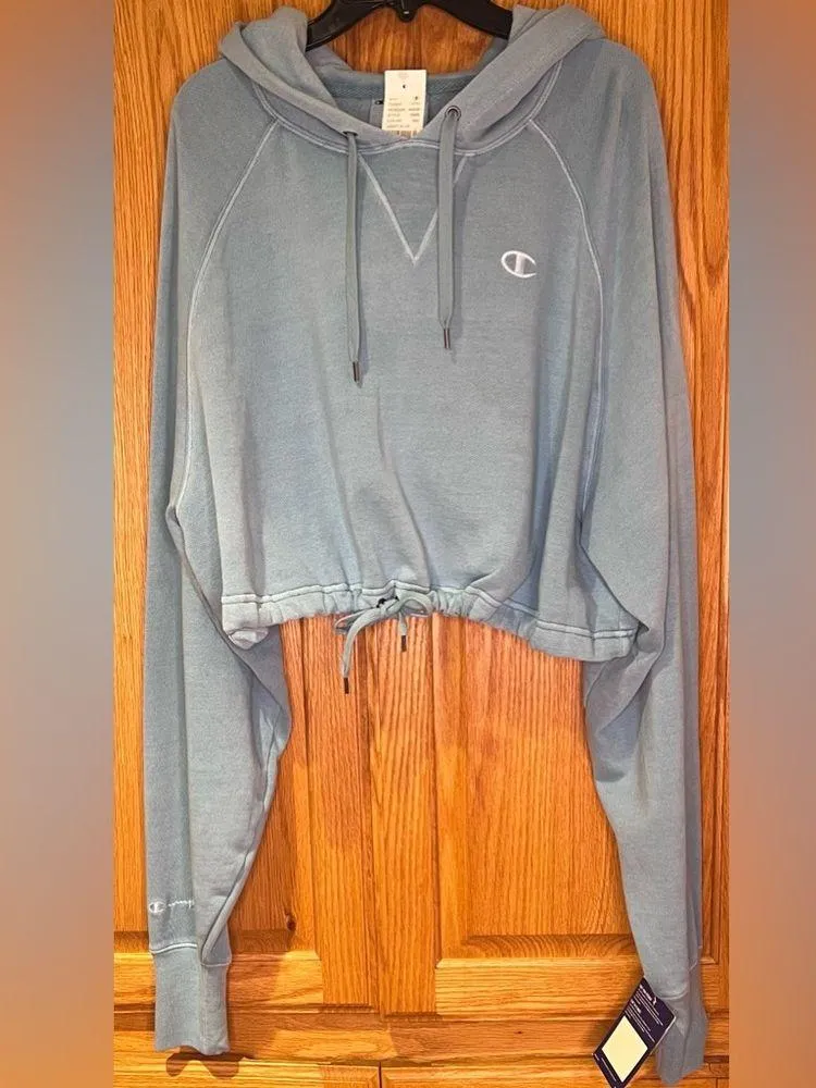 Champion Vintage Cinch Oversized Cropped Hoodie Sweatshirt Light Blue Size Large - Image 6
