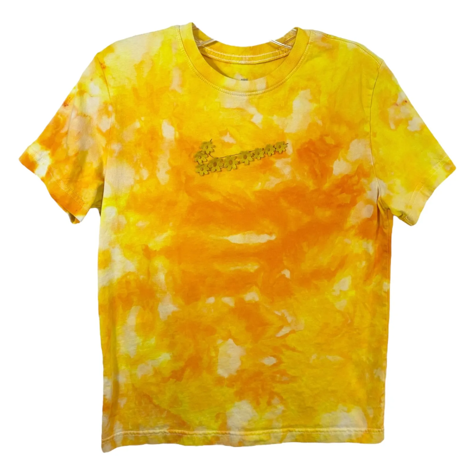 Nike Large Tee Handmade Tie Dye Top‎ Yellow Orange Felt Flower Logo Preppy 276 - Image 2