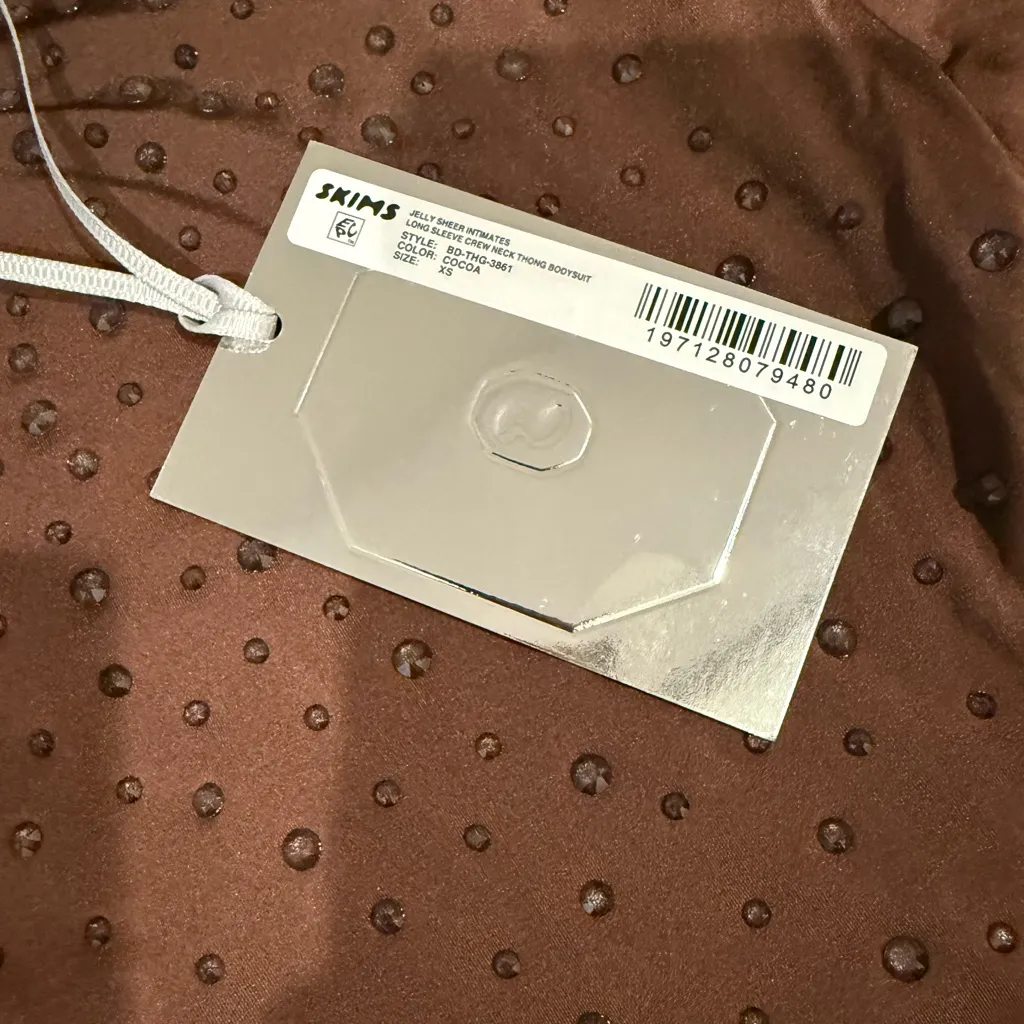 SKIMS x Swarovski Jelly Sheer Crystal Long Sleeve Crewneck Bodysuit XS Cocoa NEW - Image 9