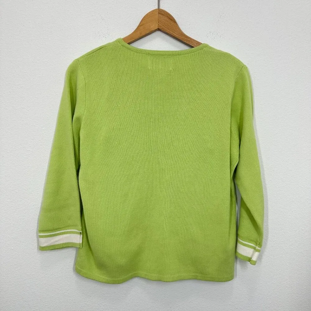 Vintage 90s Papillon Pastel Lime Green Sweater Set, Size M - Unique Striped Trim - Image 6