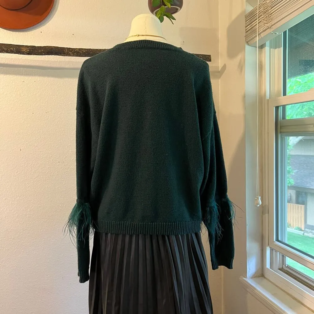 Cotton Jewel Emerald Green Soft Knit Ostrich Feather Sleeve Trim Sweater Size M Size M - Image 6