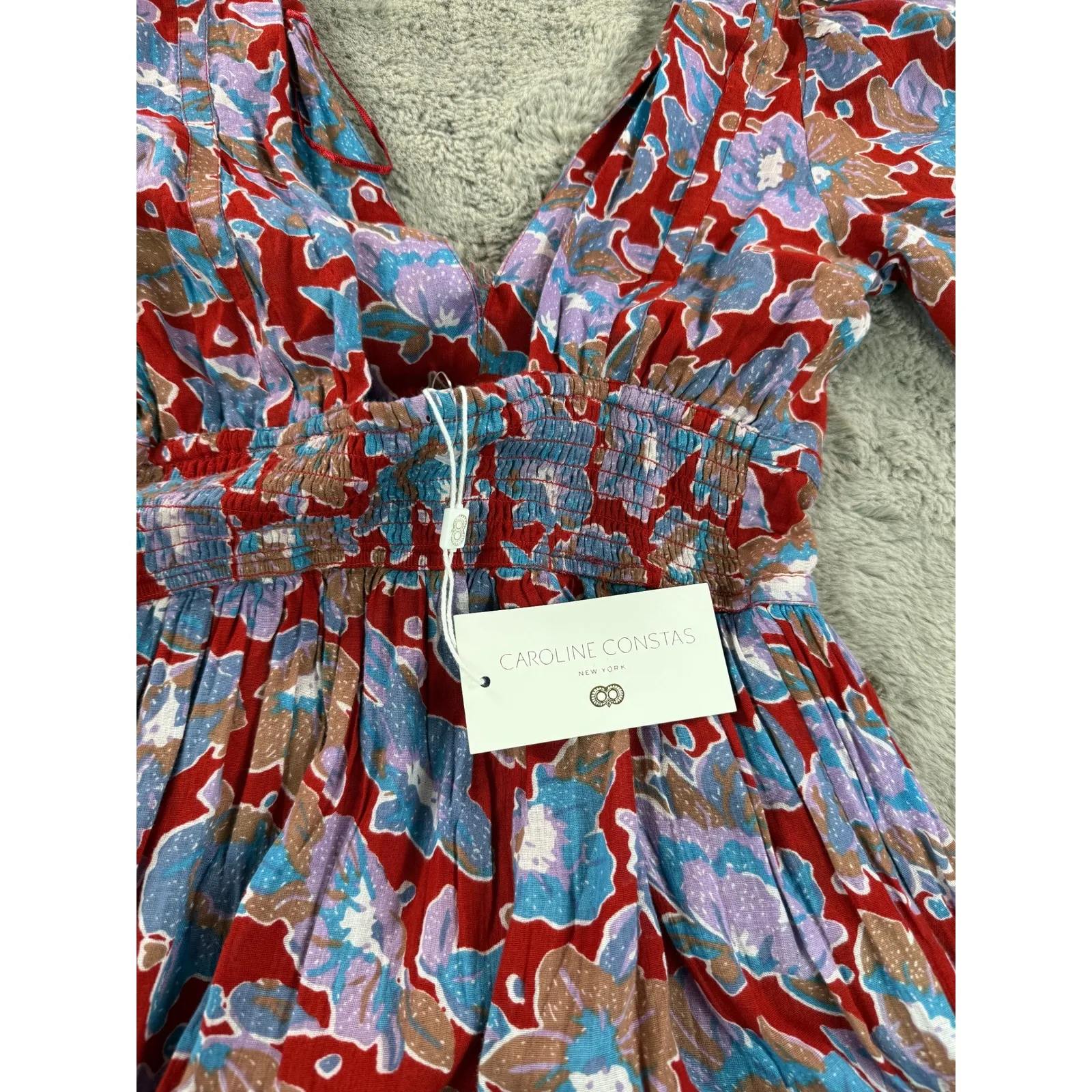 NWT Caroline Constas Dress XS Frenchie Print Floral Long Sleeve Maxi Boho Tiered Red - Image 5