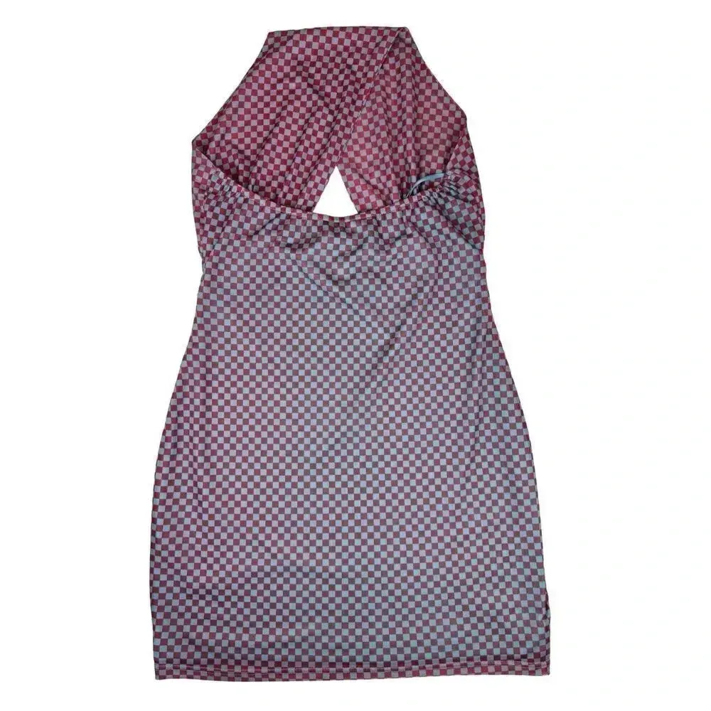 UO Mesh Halter Mini Dress Small Red Blue Checkered Stretch Bodycon Cutout Y2K - Image 4