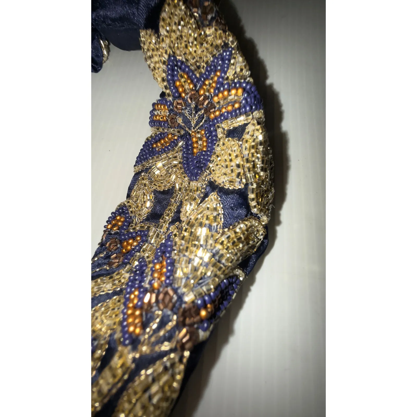 Headband Embellished Beaded Floral Knot – Navy Blue & Gold - Image 10