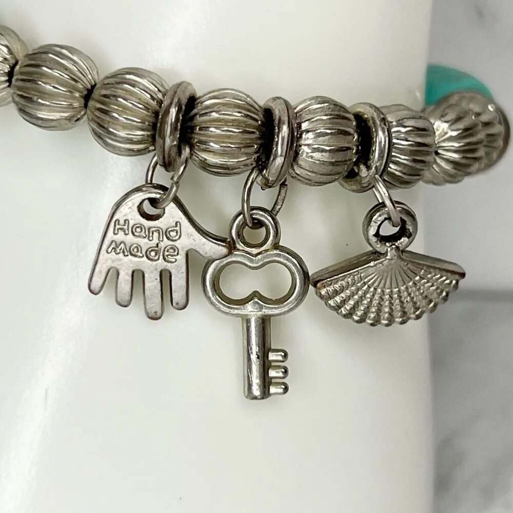 Handmade Silver Tone Key Fan Charm Faux Turquoise Beaded Stretch Bracelet - Image 2