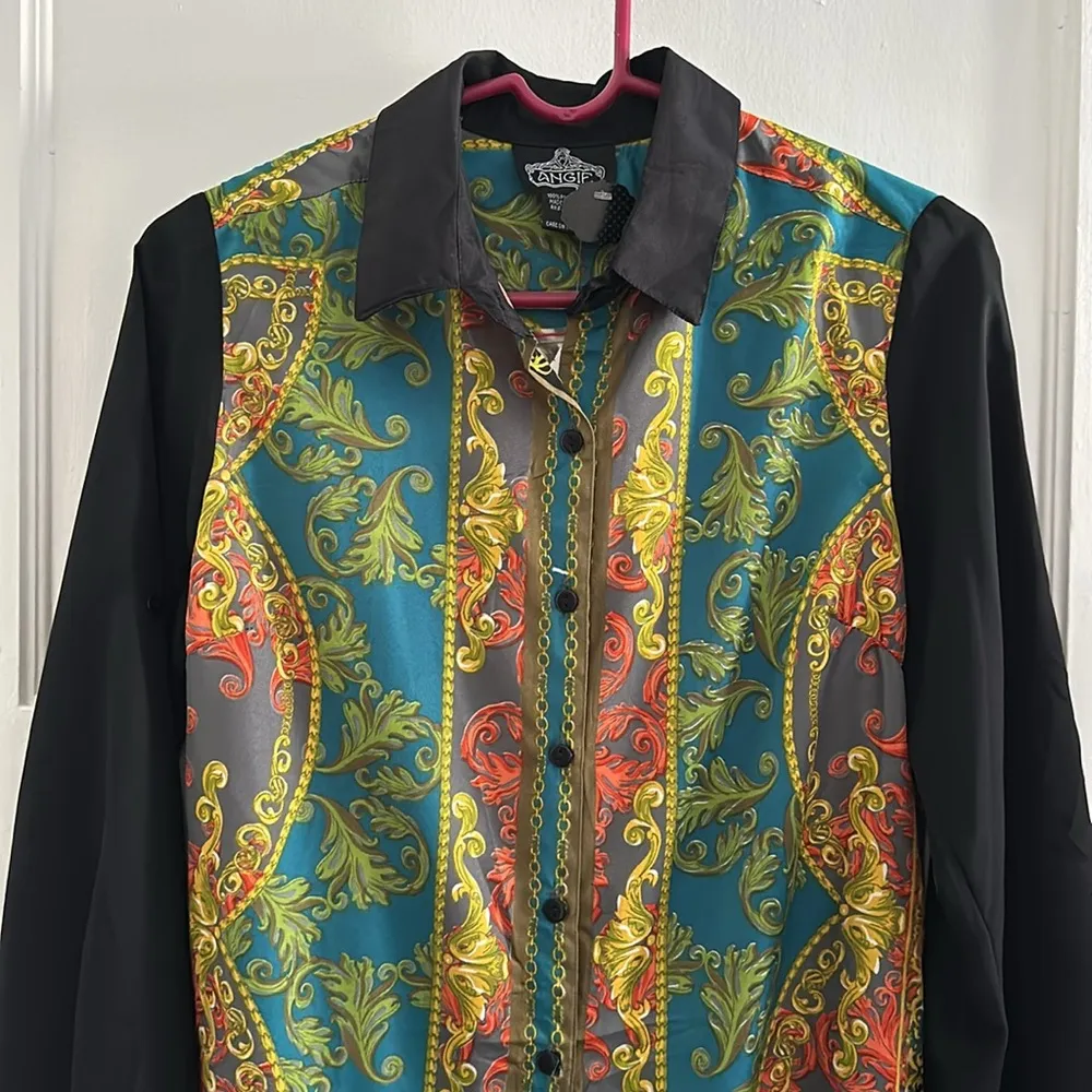 Angie Baroque Paisley Pattern Shirt Dress Black Blue Green Yellow Scroll NWT S - Image 2