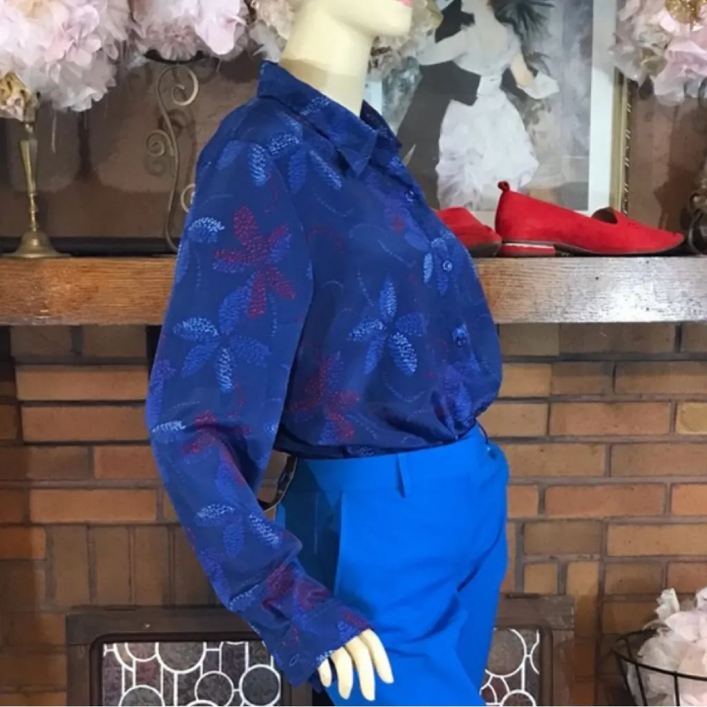 VINTAGE 1980'S BLAIR BLUE BLOUSE WITH RED FLORAL PATTERN (M) Size M - Image 5