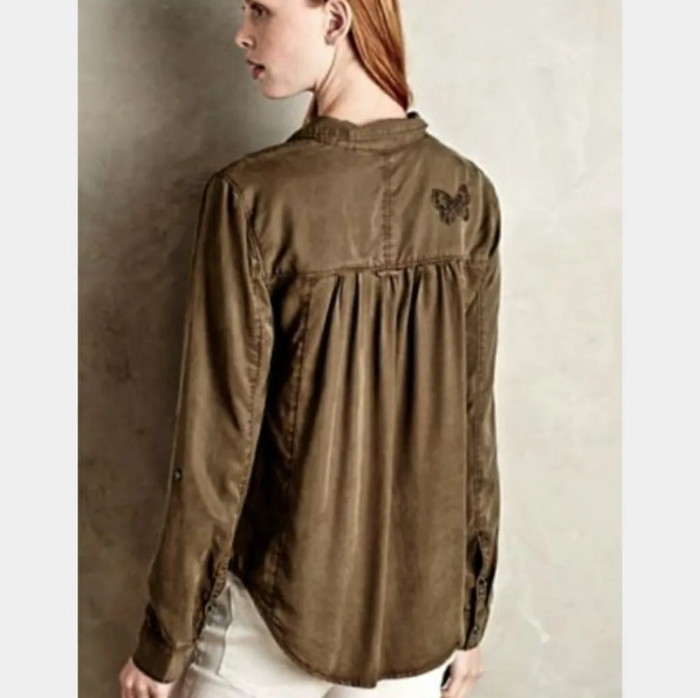 ANTHROPOLOGIE Holding Horses Embroidered Olive Green Size 2 Button Down Shirt - Image 5