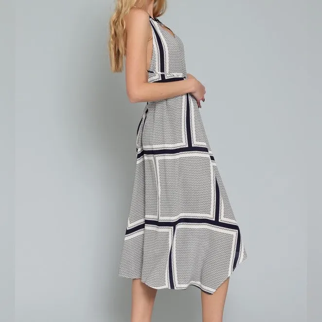 Aakaa Black, Navy & White Geometric Halter V-neck Midi Scarf Dress Large - Image 9
