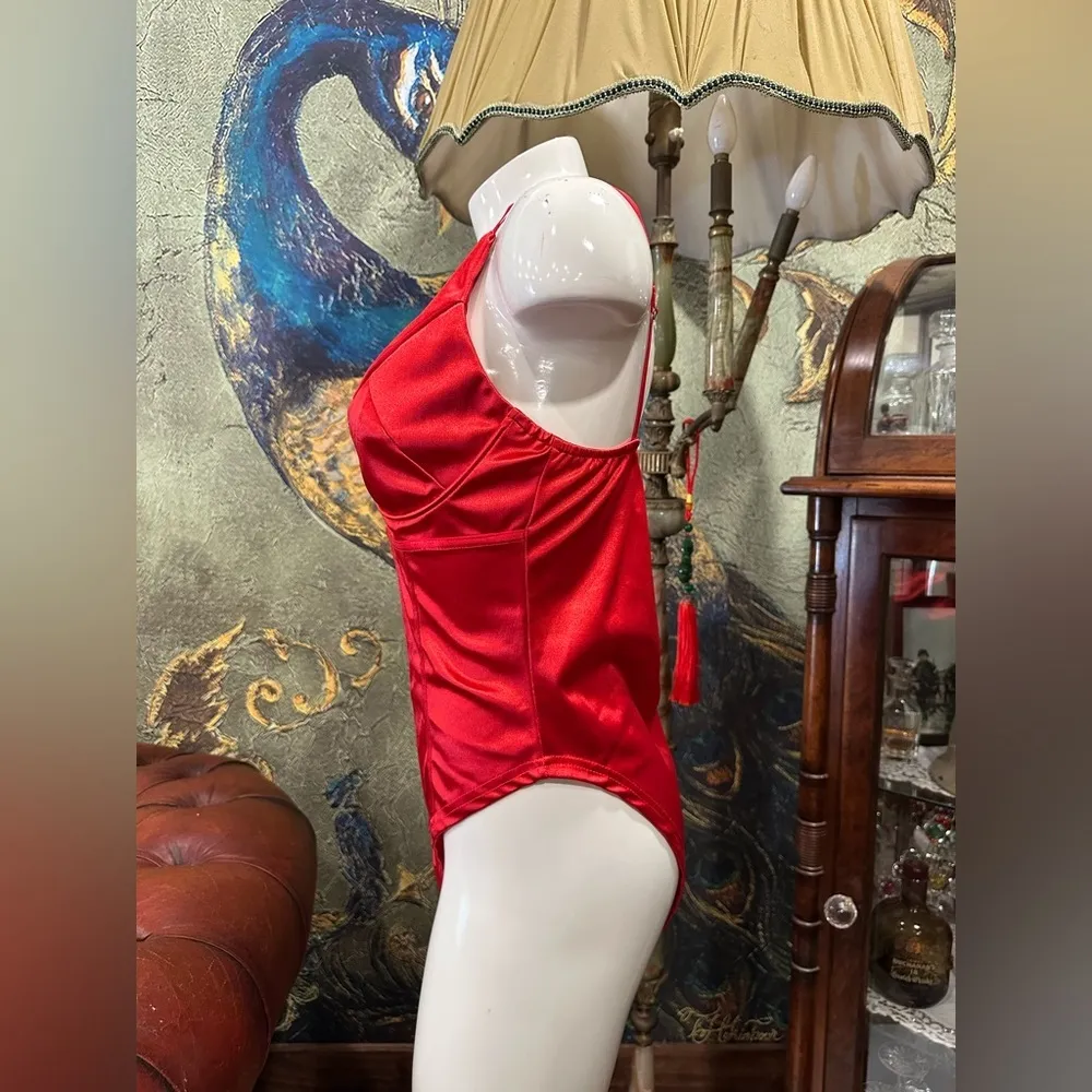 VELIUS Deep V Neck Shiny Bodysuit Tank Top Red Size XL - Image 2
