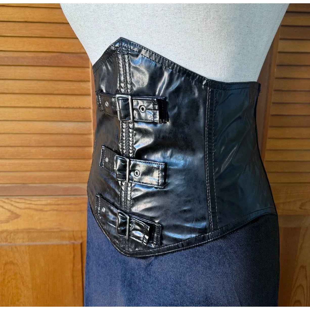 Vintage Phaze Goth Black Velvet & Vinyl High Waist Buckle Corset Skirt S - Image 4