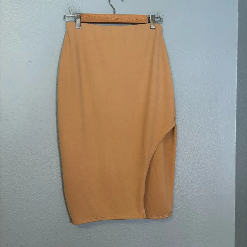 Missguided Tan Assymetrical Side Slit‎ Midi Skirt Elastic Waist High Rise Sz 12 - Image 4