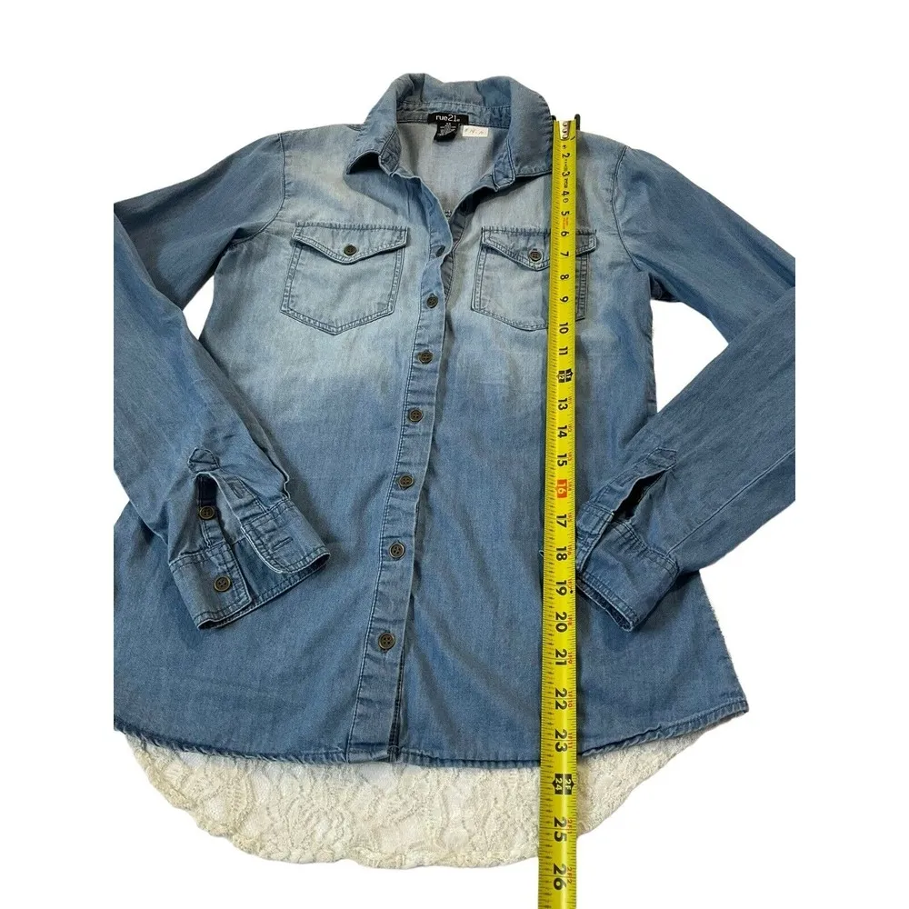 RUE21 Women Size XS Denim Roll Tab Long Sleeve Lace Back Boho Shirt #14-111 - Image 8