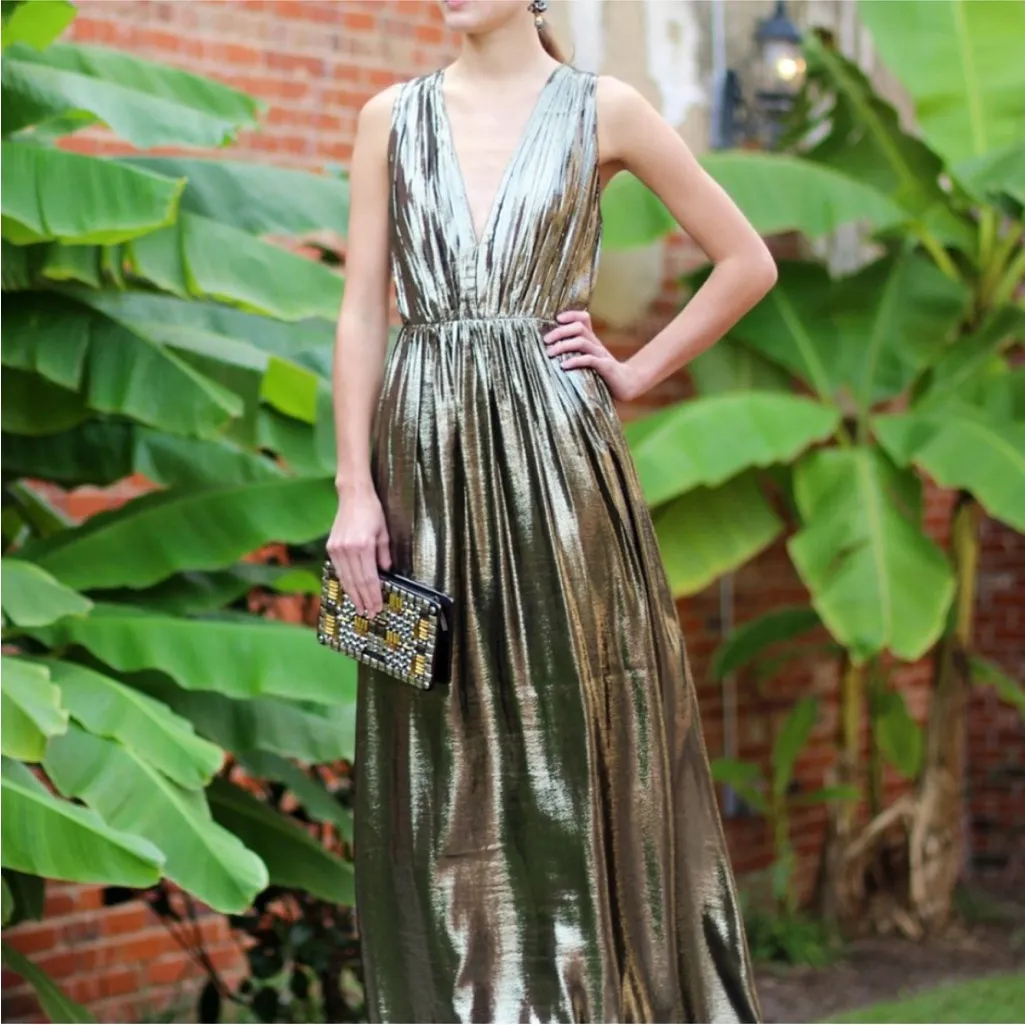 ALICE + OLIVIA Issa pleated gold lame Bronze metallic sleeveless maxi gown Sz 0 - Image 8