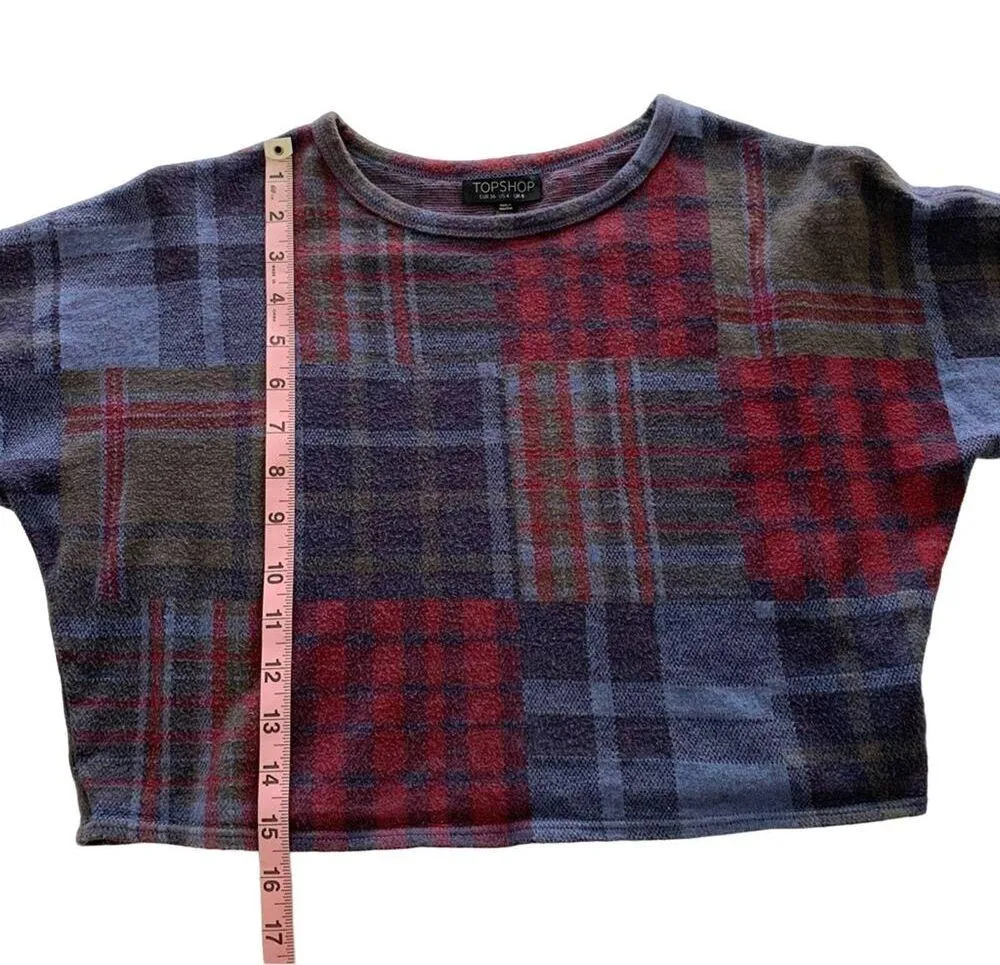 Via Penny Lane Reworked Apparel | Def Leppard Graphic Plaid Long Sleeve Crop Top Blue Size 4 - Image 7