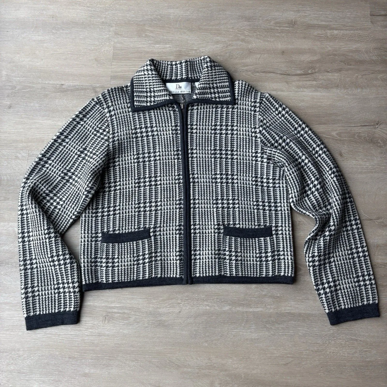 VTG Danielle Martin 100% Merino Wool Houndstooth Full Zip Sweater Jacket M Black Size M - Image 2