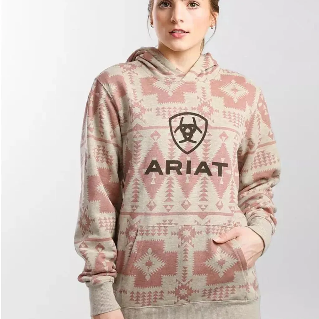 ARIAT Real Hooded Sweatshirt Oatmeal Heather Ash Rose Southwestern Size S - Image 13
