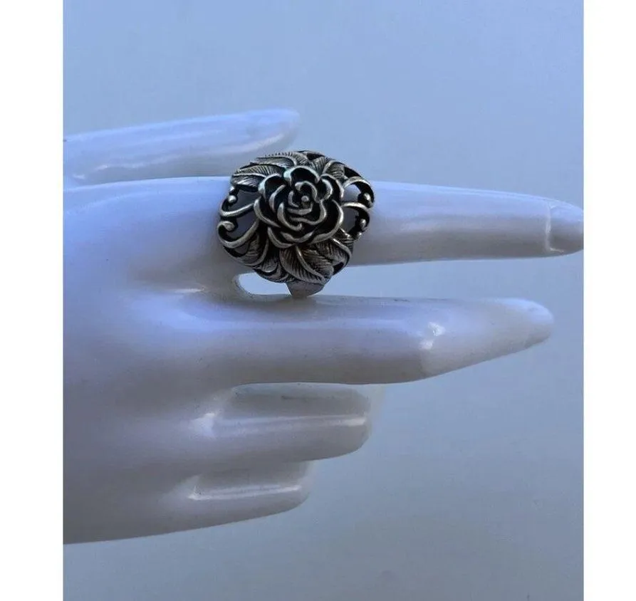 Vintaghe 925 Sterling Silver Carved Rose Flower Ring size 10 Signed Stamped - Image 12