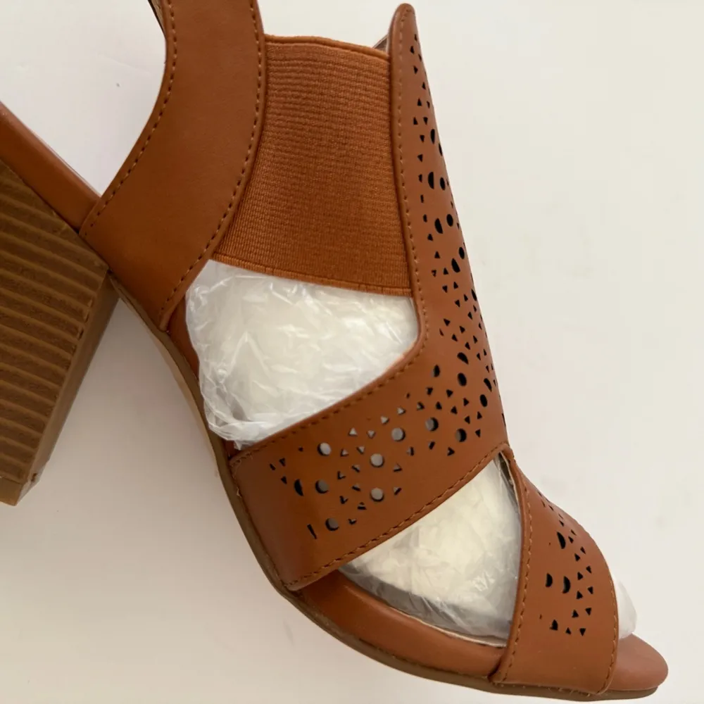 Summer Cutout Heeled Sandals Slingback Peep Toe Chunky Comfort Size 8 Heel Boho Brown - Image 7