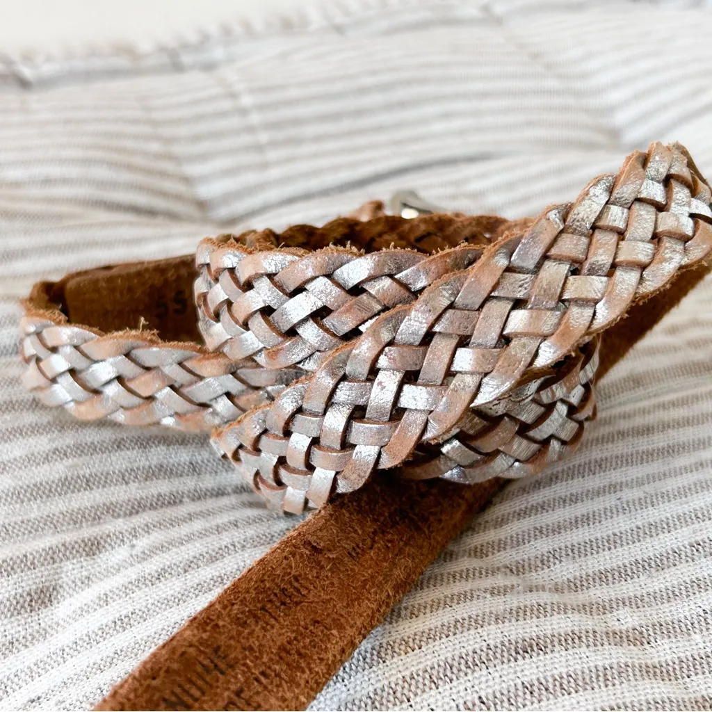 Michael Kors Metallic Silver Braided Leather Skinny Belt - Image 6