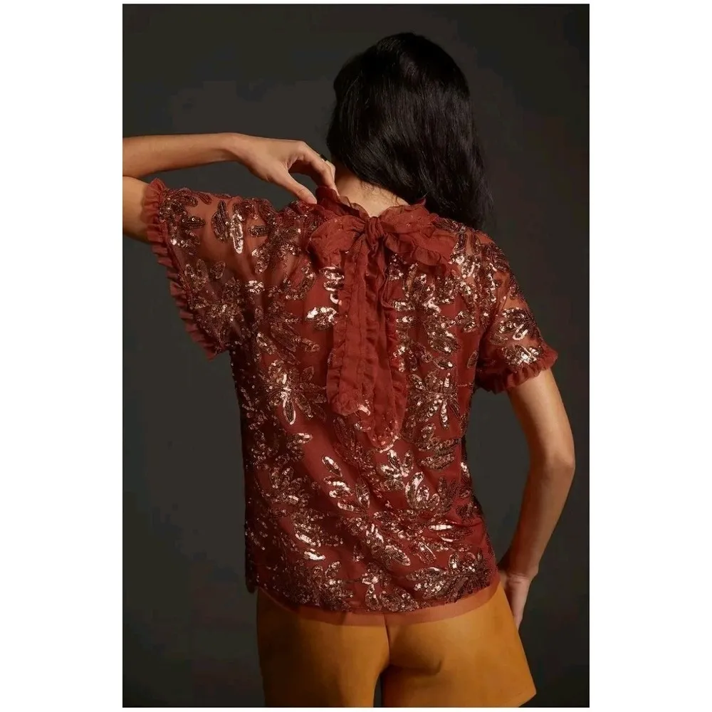By Anthropologie Womens Size Small Burnt Orange Floral Sequin Cut Out Blouse Top - Image 2