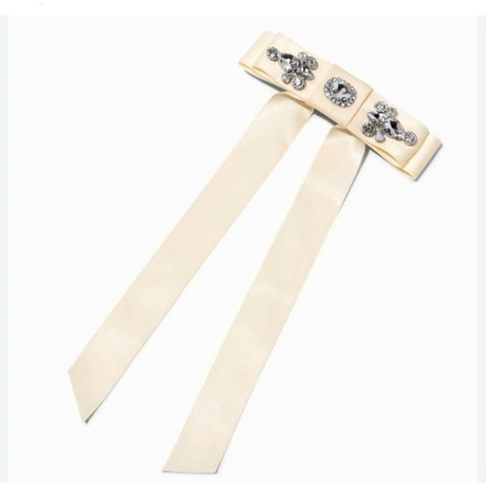 Icing 2 Piece Hair Ivory Rhinestone Studded Satin Long Tail Hair Bow Clip - Image 2