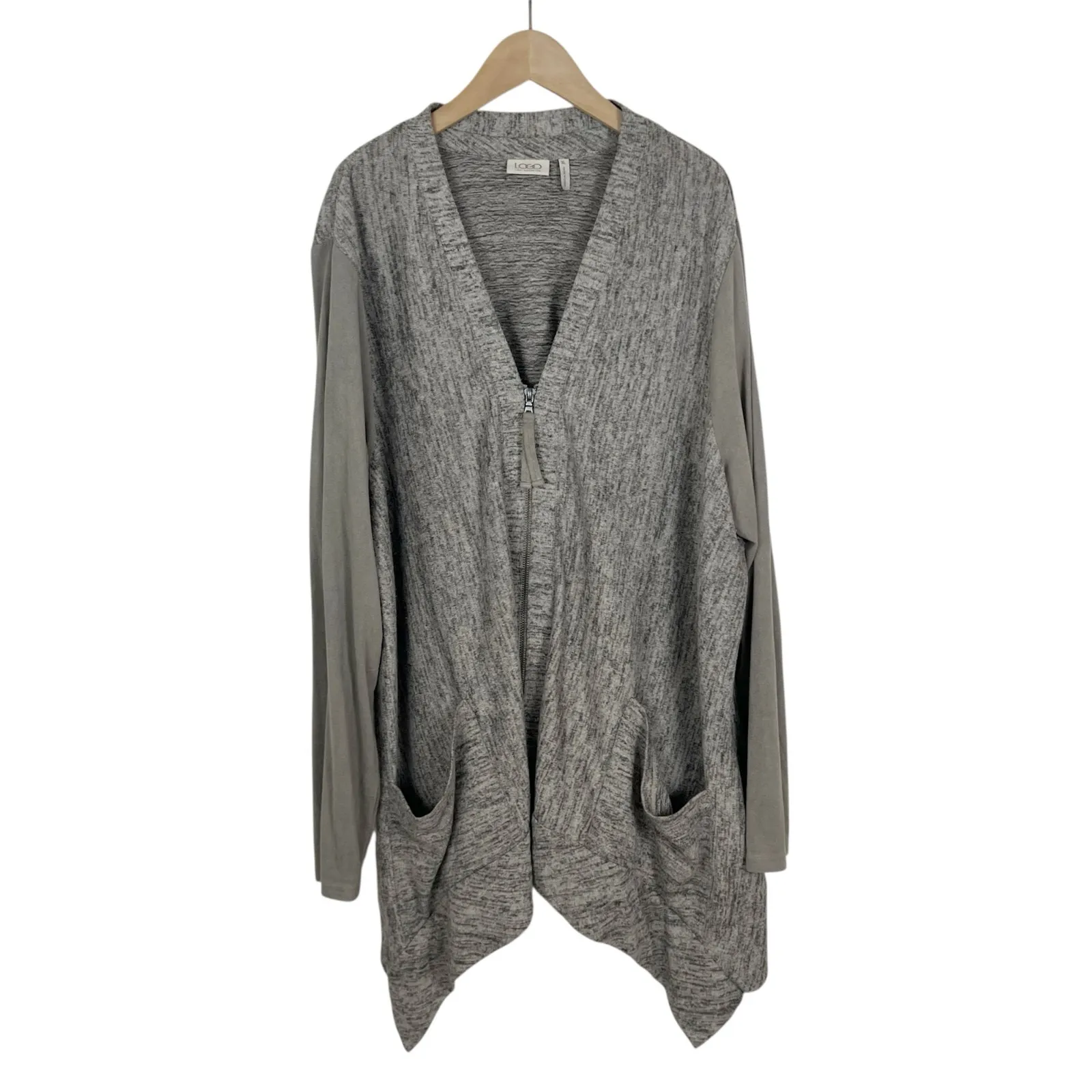 LOGO Lori Goldstein Faux Suede Sleeve Marled Knit ZIp Front Cardigan Gray XL - Image 2