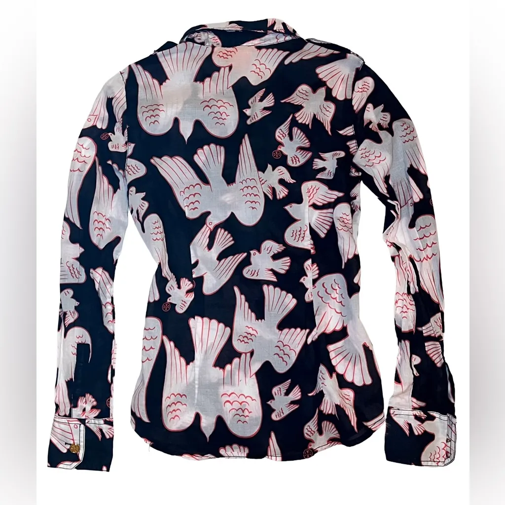 Tory Burch Navy Blue Pink White Bird Patterned Blouse size 6 semi sheer - Image 2