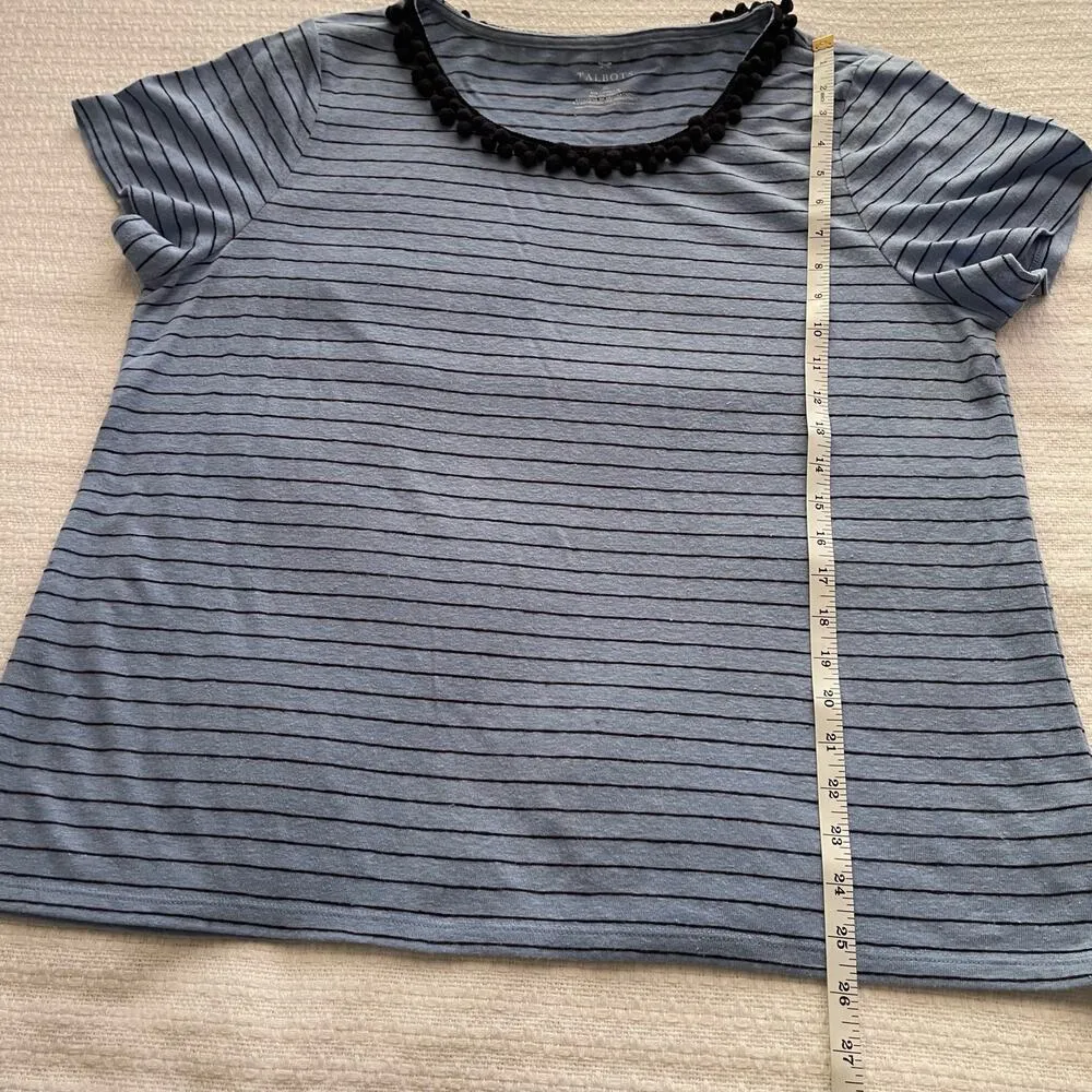 XL Talbots Blue and Black Striped Linen T-Shirt with Embellished Neckline - Image 5