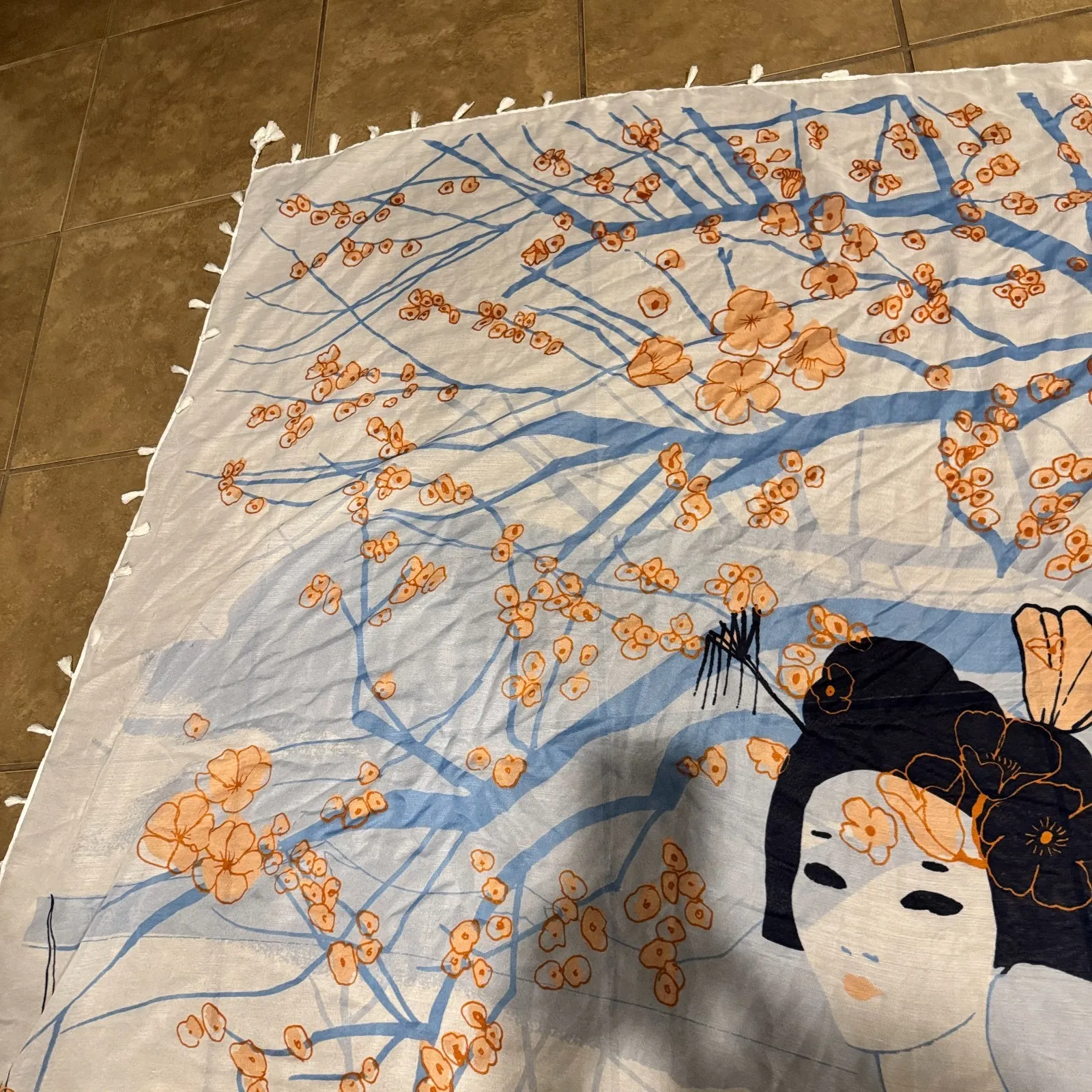 H&M Japanese Geisha Scarf Sheer lightweight large 48" square tasseled shawl wrap - Image 3