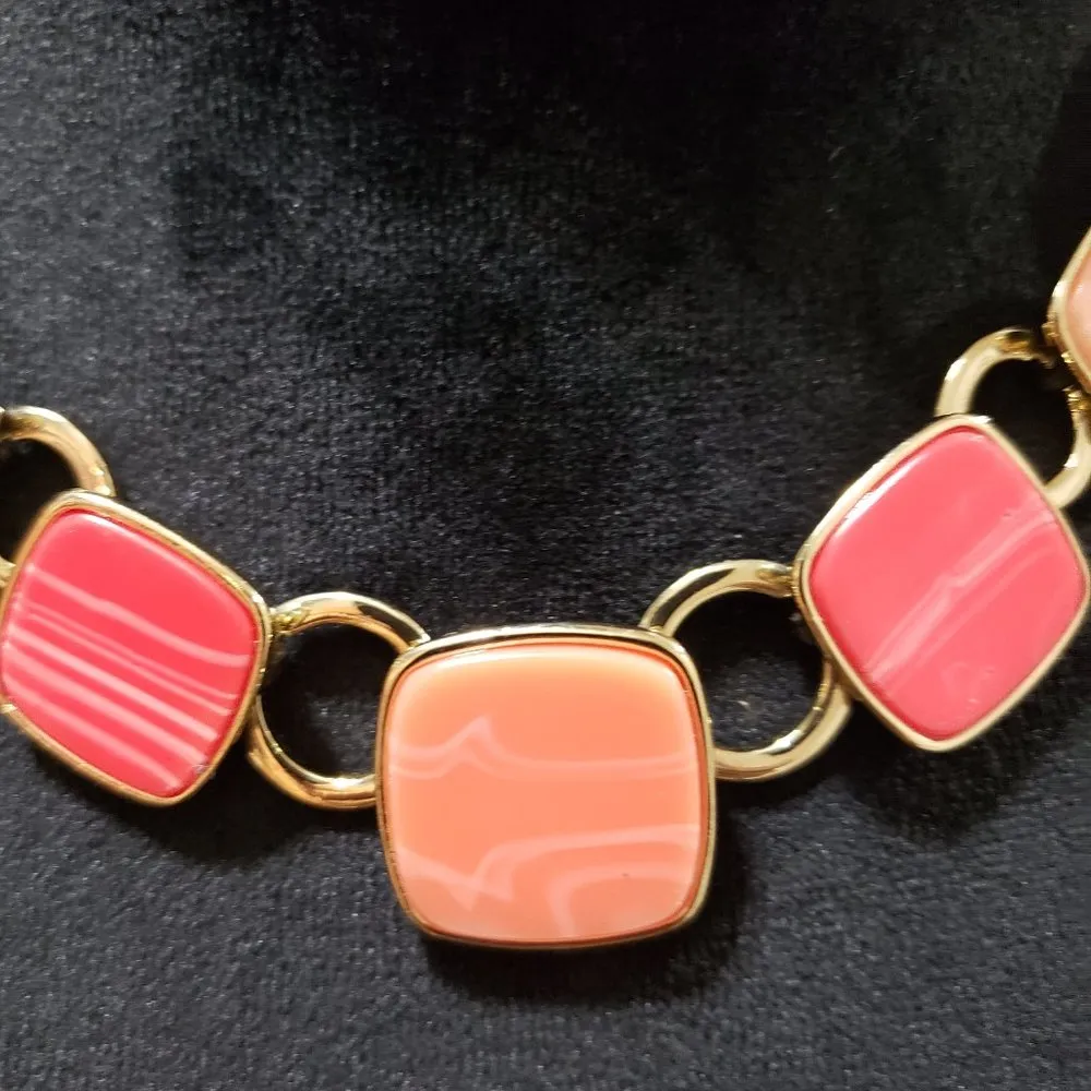 Nine West Women's Vintage Gold and Pink  Necklace with Rectangular Stones - Image 4