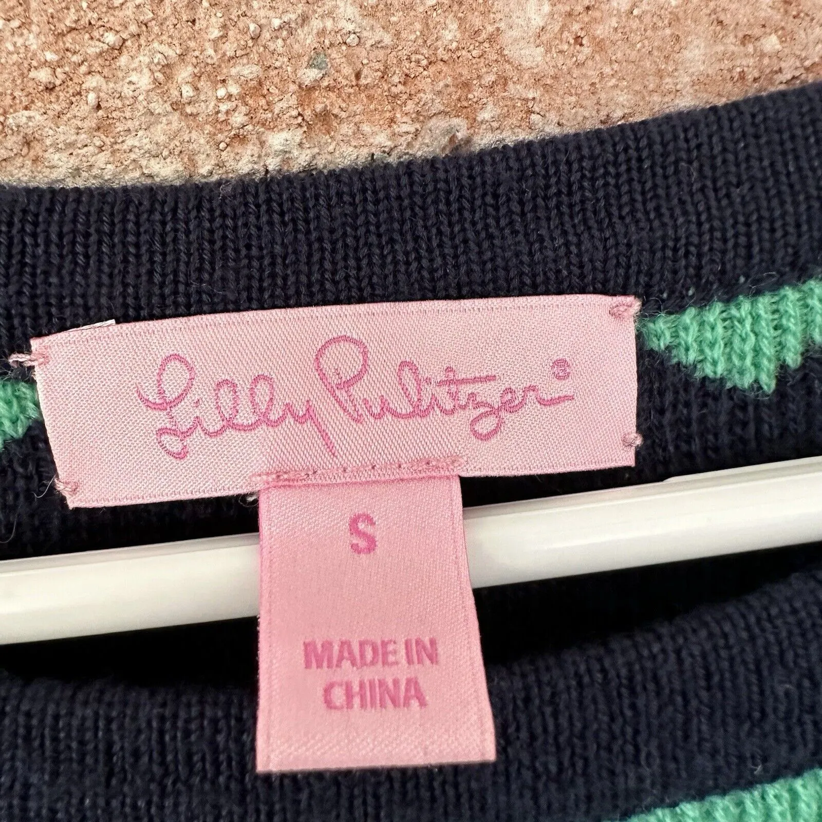 Lilly Pulitzer Chevron Merino Wool Shift Sweater Dress Navy Green Small - Image 5