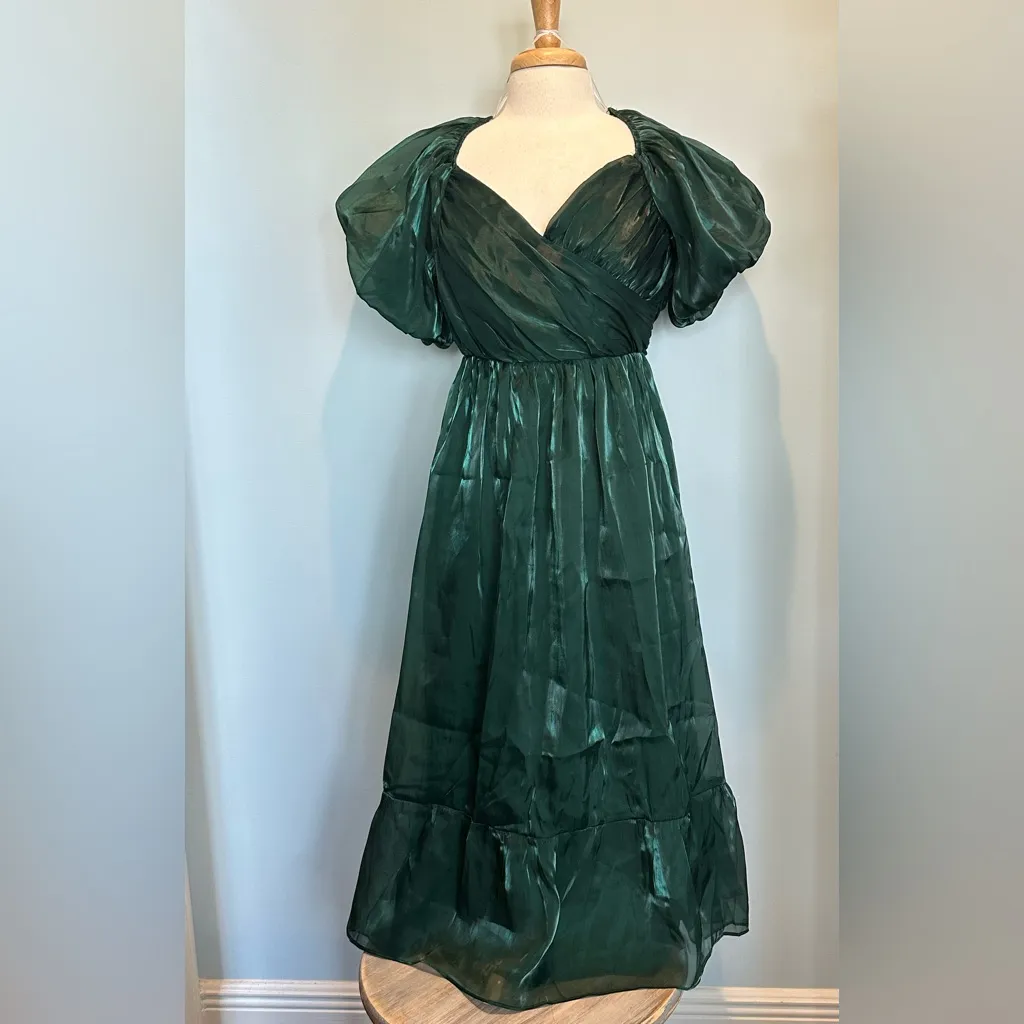 LuLu’s Remarkable Sensation Emerald Green Puff Sleeve Tiered Midi Dress Size L Size L - Image 4