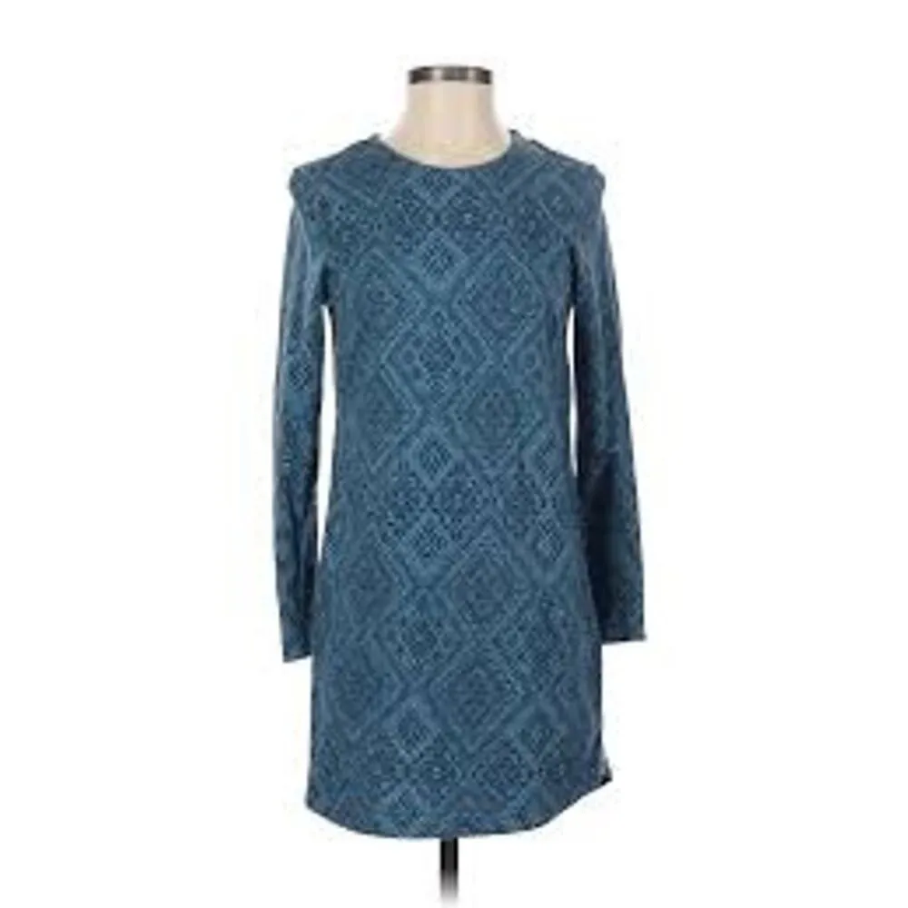 H&M | NWT | Small | Cotton Knee Length Long Sleeve Geometric Teal Shift Dress - Image 2
