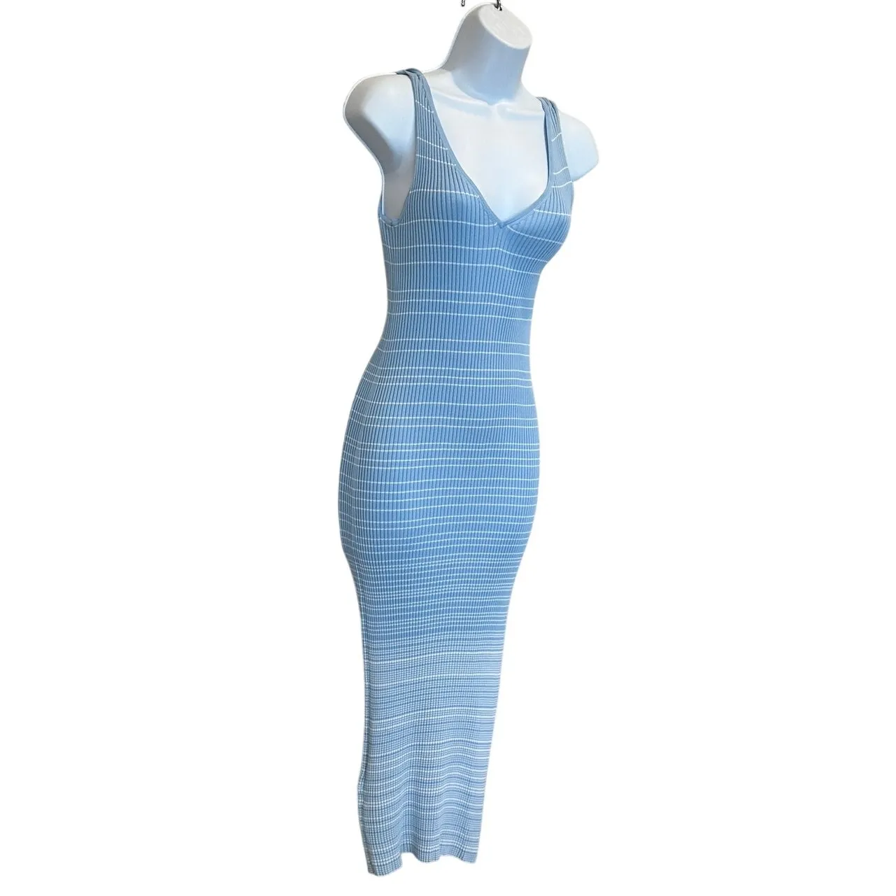 Staud Blue White Striped Ribbed Knit Midi Dress XS Bodycon Tank Designer $200 - Image 10