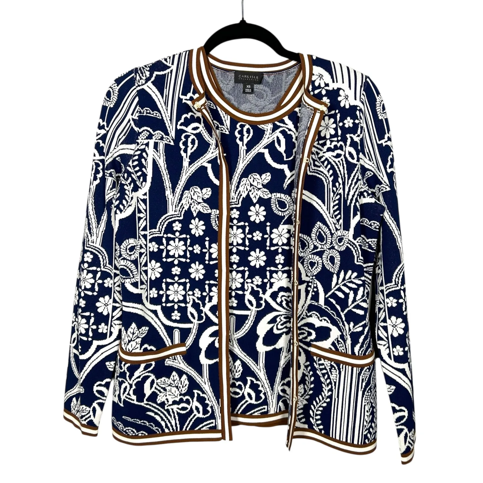 Carlisle Collection NWOT Knit Cardigan Tank Set Floral Print Navy Brown White XS - Image 2