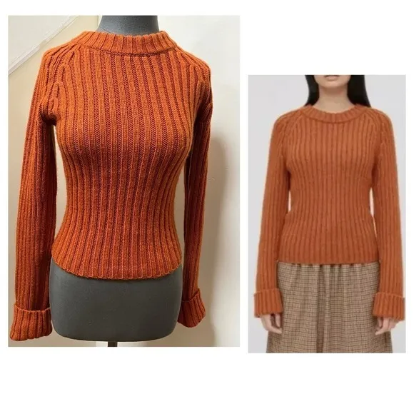 JW Anderson x Uniqlo Wool Blend Cable Knit Cuffed Pullover Sweater Size XXS Orange - Image 2