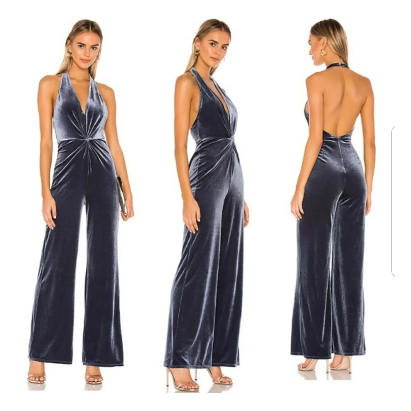 Lovers + Friends Hayden Velvet Jumpsuit Halter Open‎ Back Wide Leg XS Cool Blue - Image 2